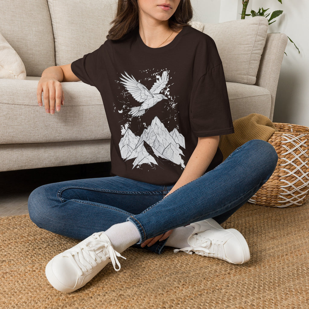 Mountain Raven Tee — Minimal Line Art Bird & Peaks Graphic T-Shirt
