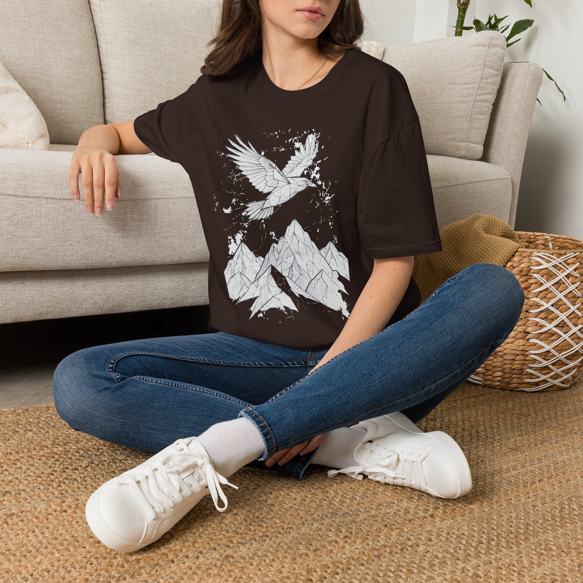 Mountain Raven Tee — Minimal Line Art Bird & Peaks Graphic T-Shirt