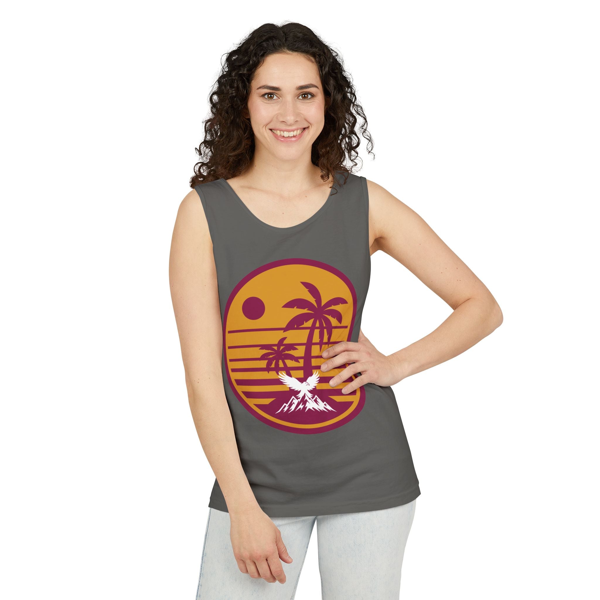 Ravens Summit Sunset Palm Tank Top  — Retro Beach Vibes Graphic Tank