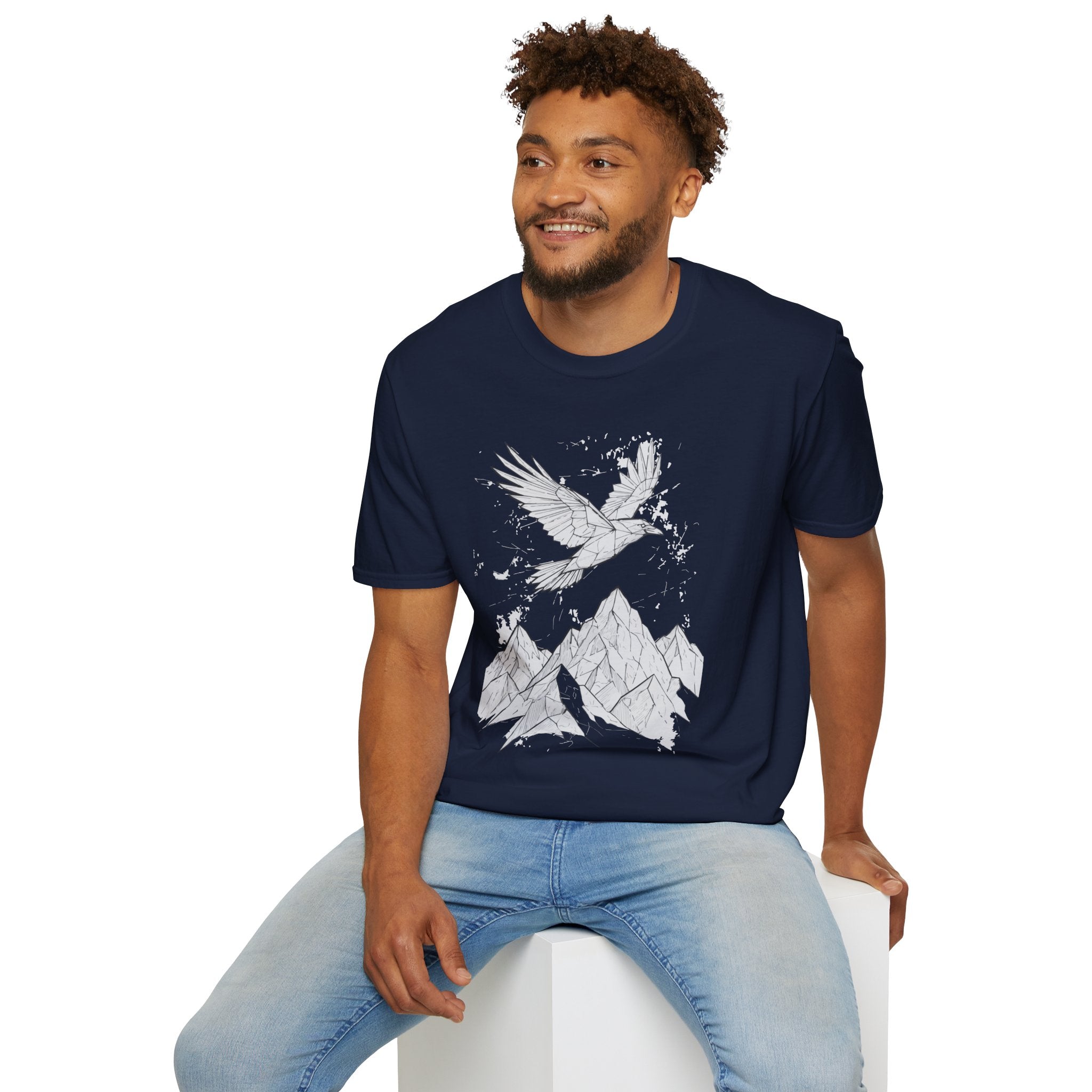 Mountain Raven Tee — Minimal Line Art Bird & Peaks Graphic T-Shirt