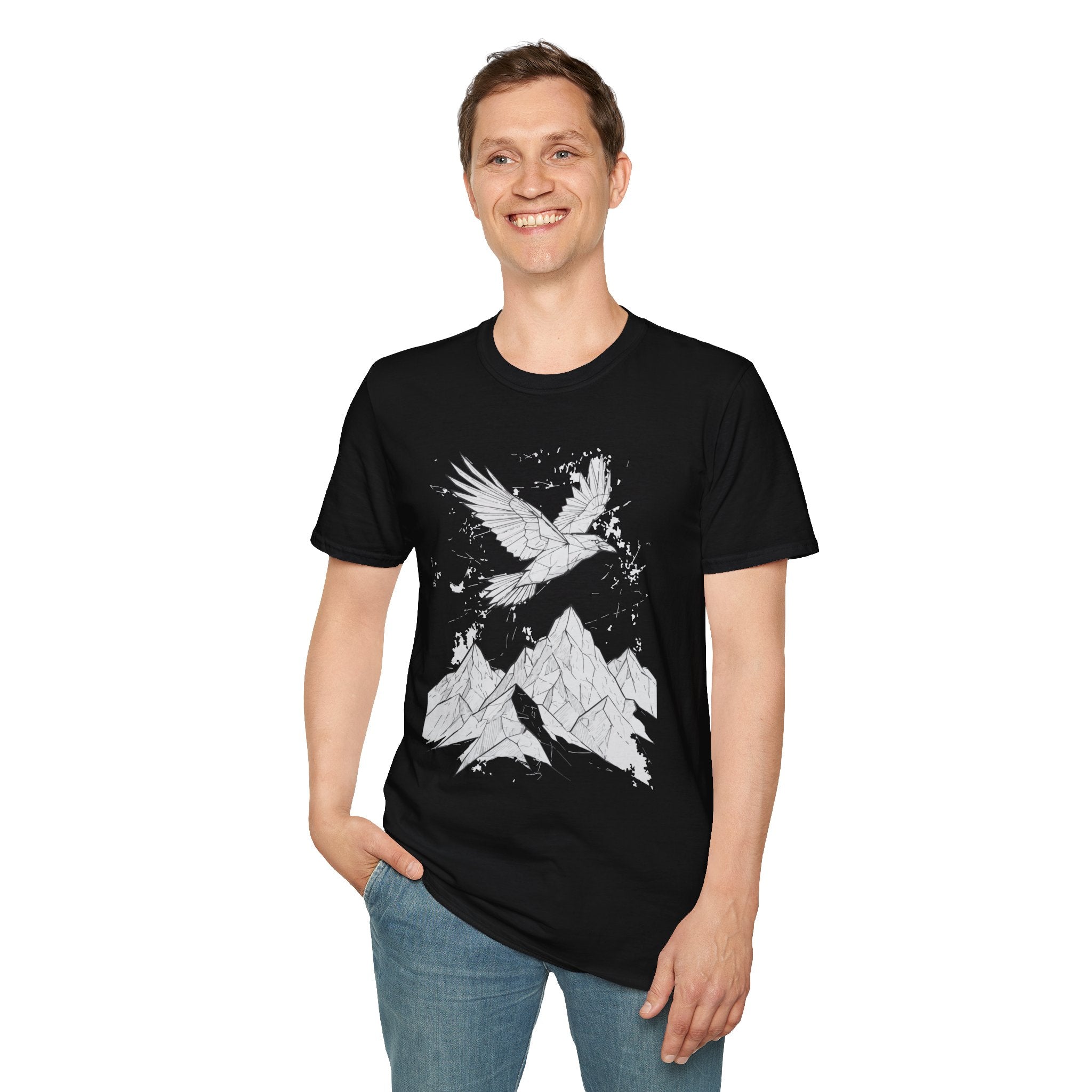 Mountain Raven Tee — Minimal Line Art Bird & Peaks Graphic T-Shirt