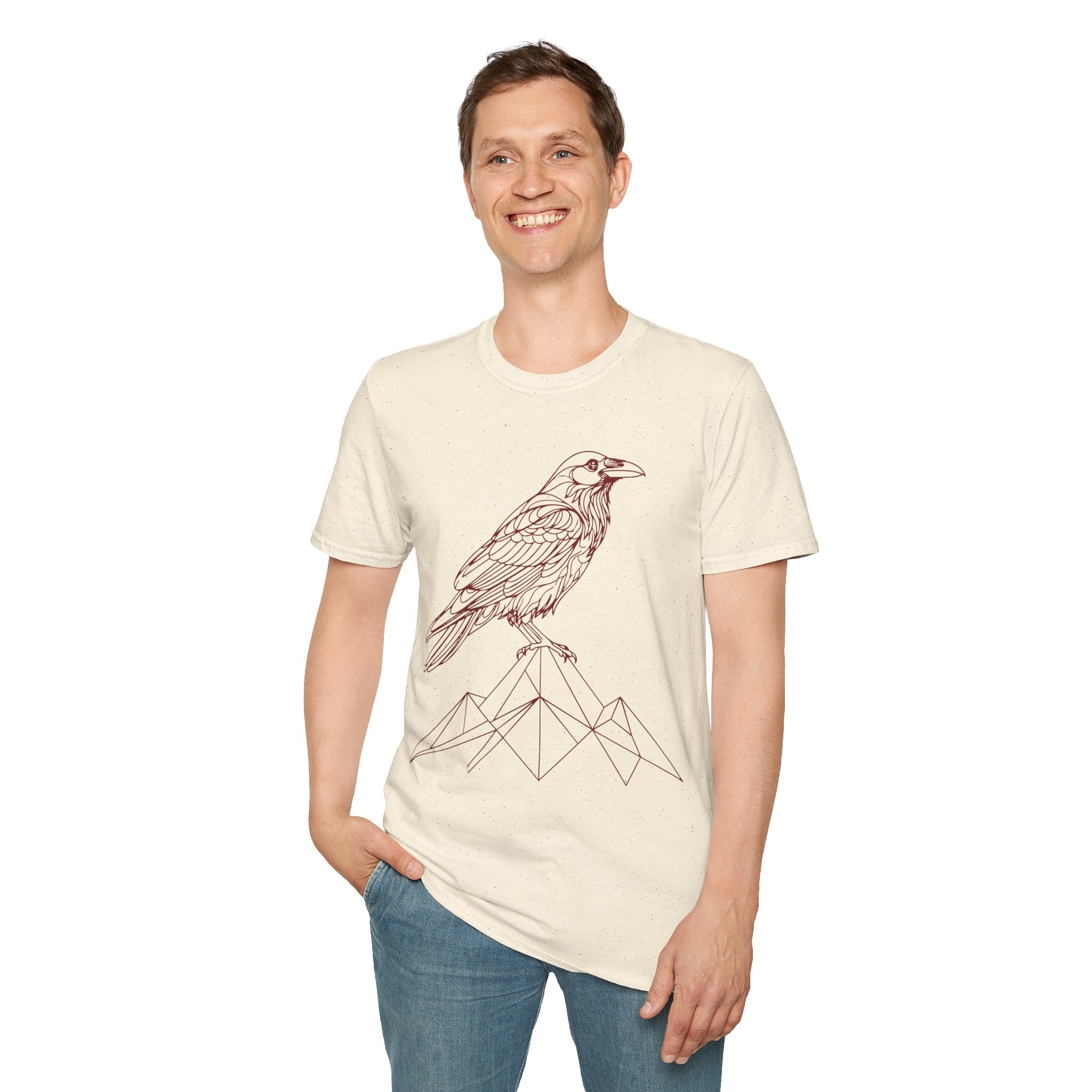 Raven Line Art T‑Shirt — Geometric Mountain Raven Sketch Tee