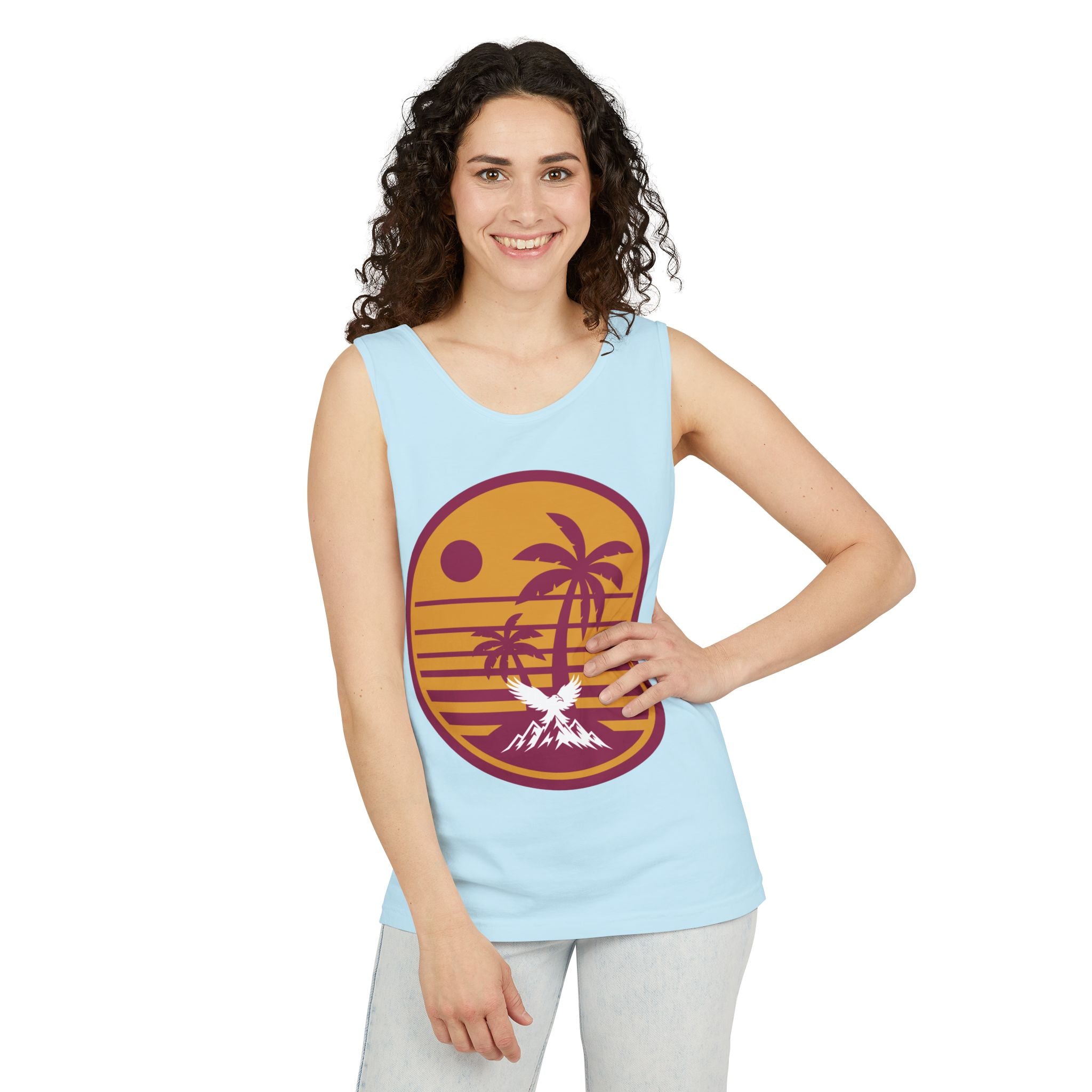 Ravens Summit Sunset Palm Tank Top  — Retro Beach Vibes Graphic Tank