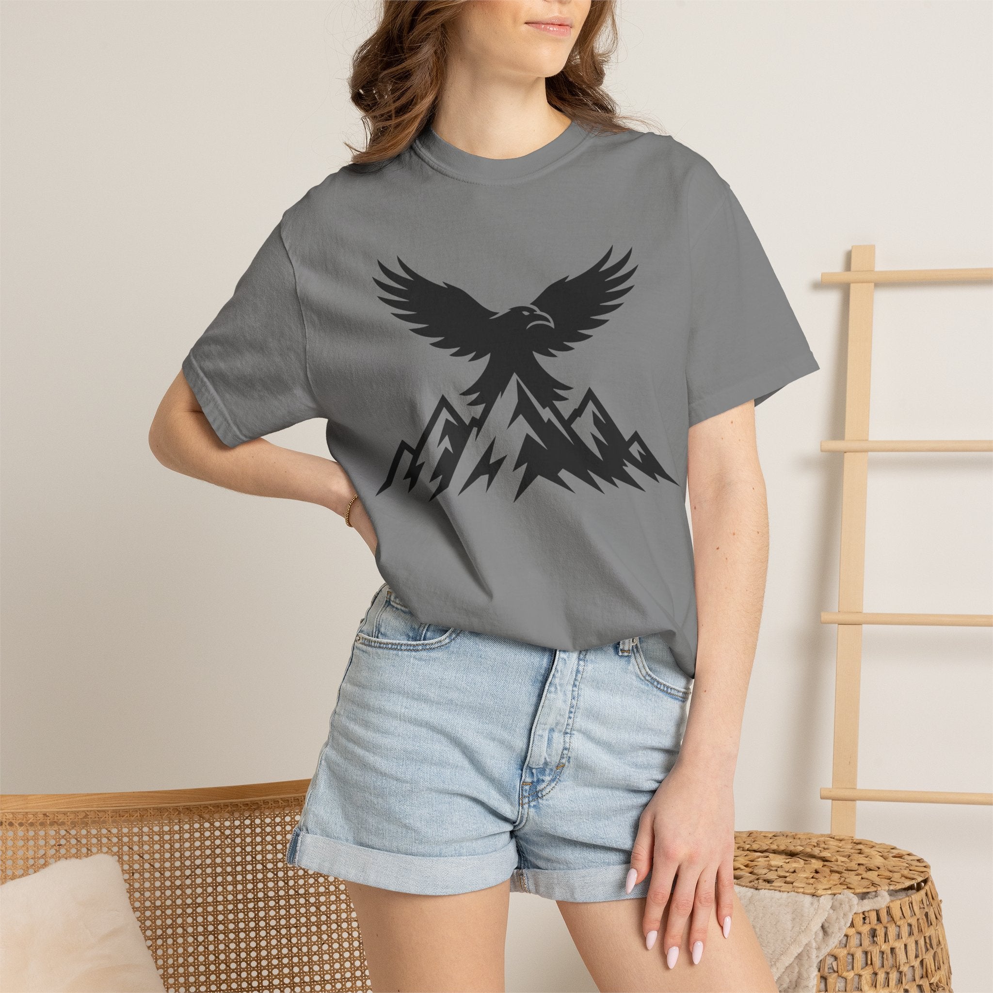 Ravens Summit Mountain T-Shirt — Eagle Over Peaks Graphic Tee Light