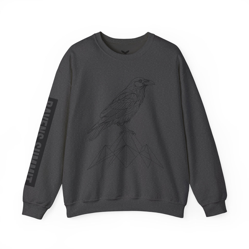 Crewneck Sweatshirt — Geometric Mountain Raven Illustration with 'Ravens Summit' Sleeve