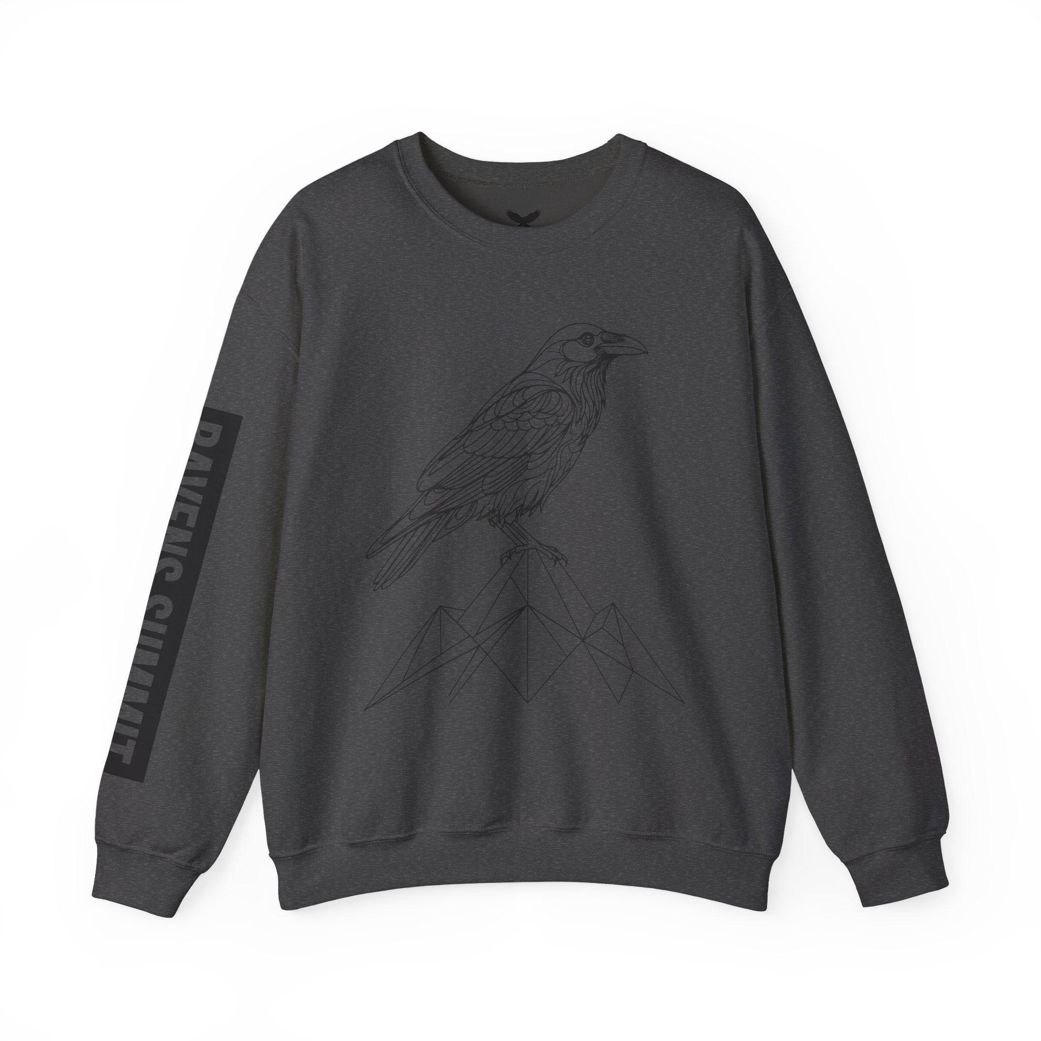 Crewneck Sweatshirt — Geometric Mountain Raven Illustration with 'Ravens Summit' Sleeve