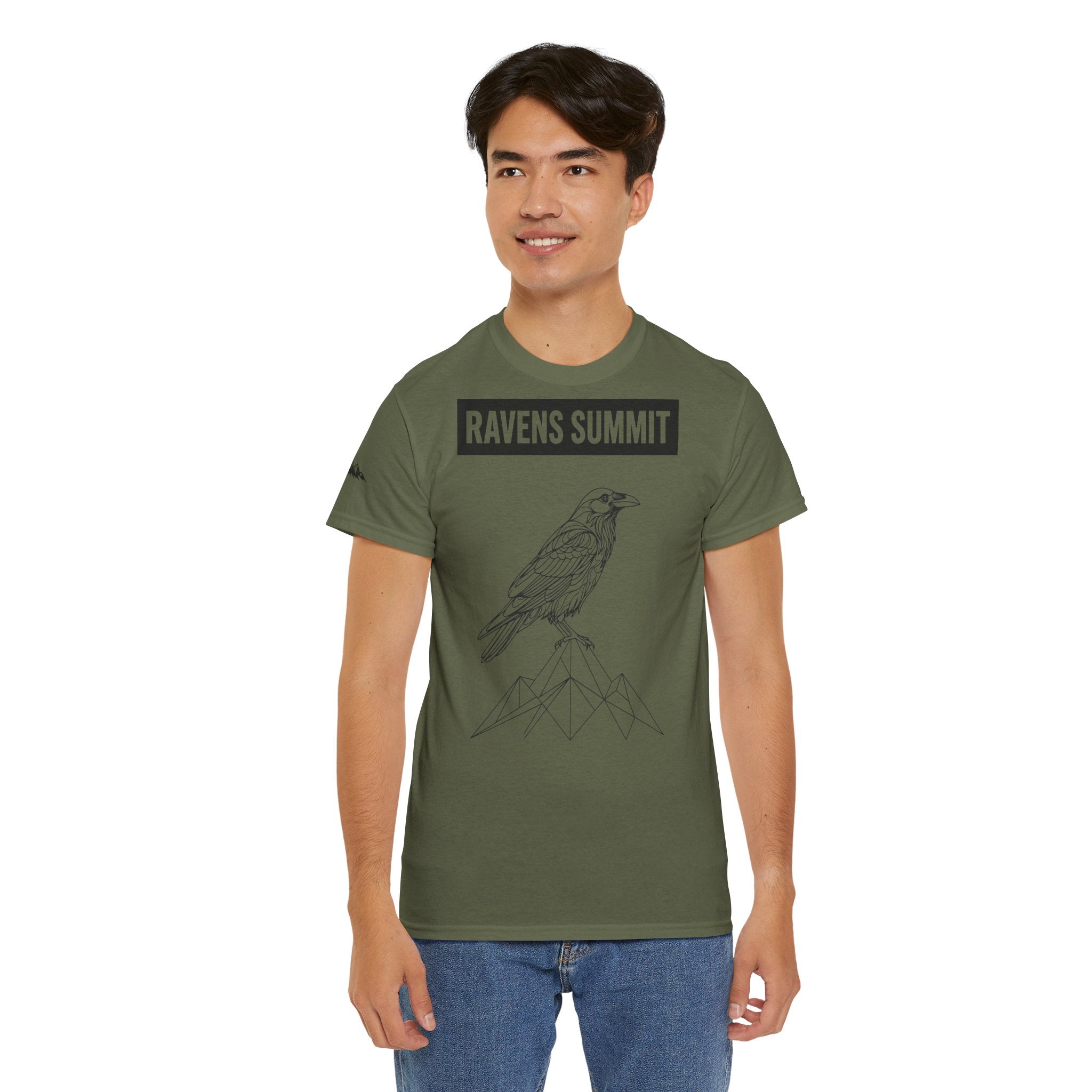 Raven Summit Tee — Minimal Mountain Raven Line Art Graphic T-Shirt