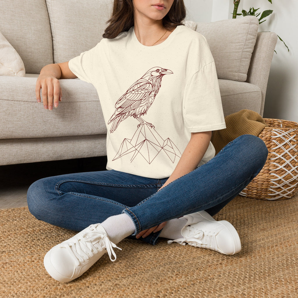 Raven Line Art T‑Shirt — Geometric Mountain Raven Sketch Tee