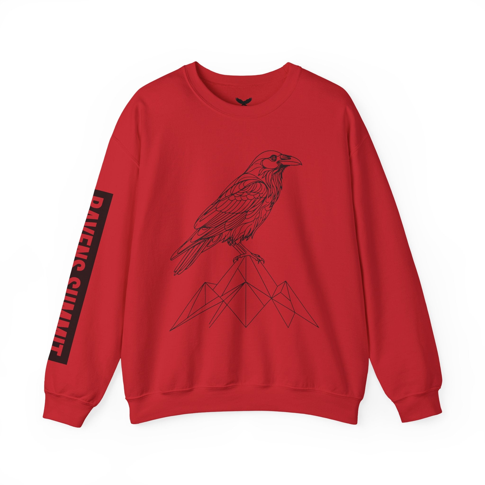 Crewneck Sweatshirt — Geometric Mountain Raven Illustration with 'Ravens Summit' Sleeve
