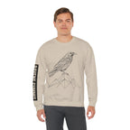 Crewneck Sweatshirt — Geometric Mountain Raven Illustration with 'Ravens Summit' Sleeve
