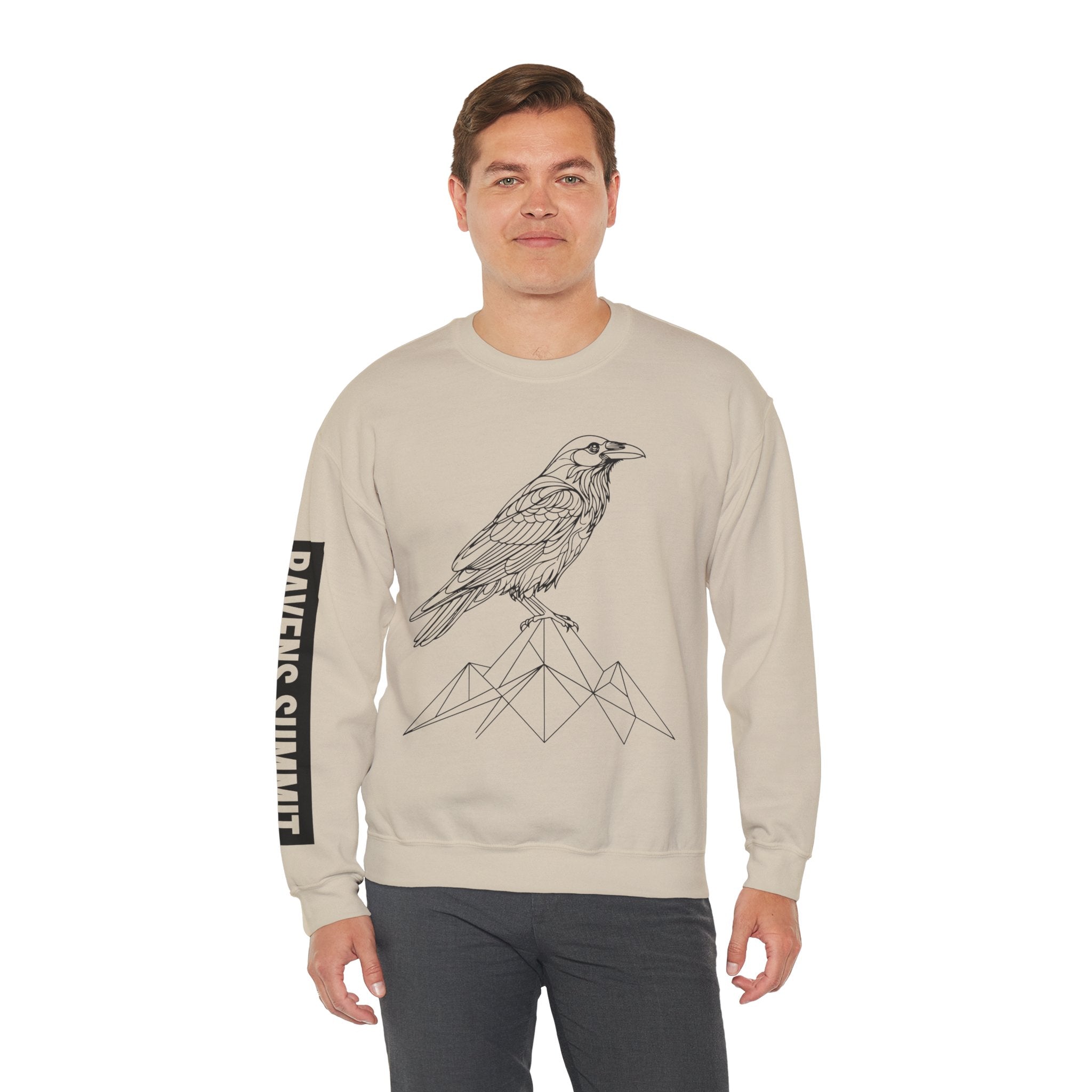 Crewneck Sweatshirt — Geometric Mountain Raven Illustration with 'Ravens Summit' Sleeve