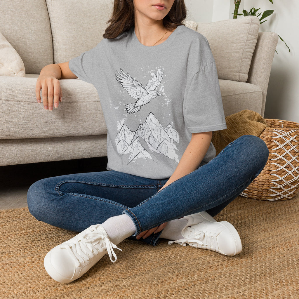 Mountain Raven Tee — Minimal Line Art Bird & Peaks Graphic T-Shirt