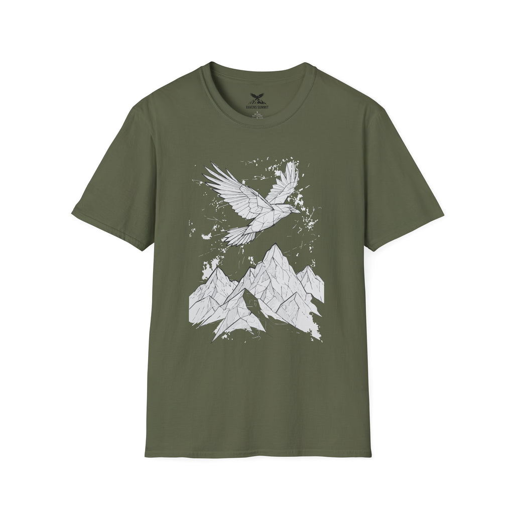 Mountain Raven Tee — Minimal Line Art Bird & Peaks Graphic T-Shirt