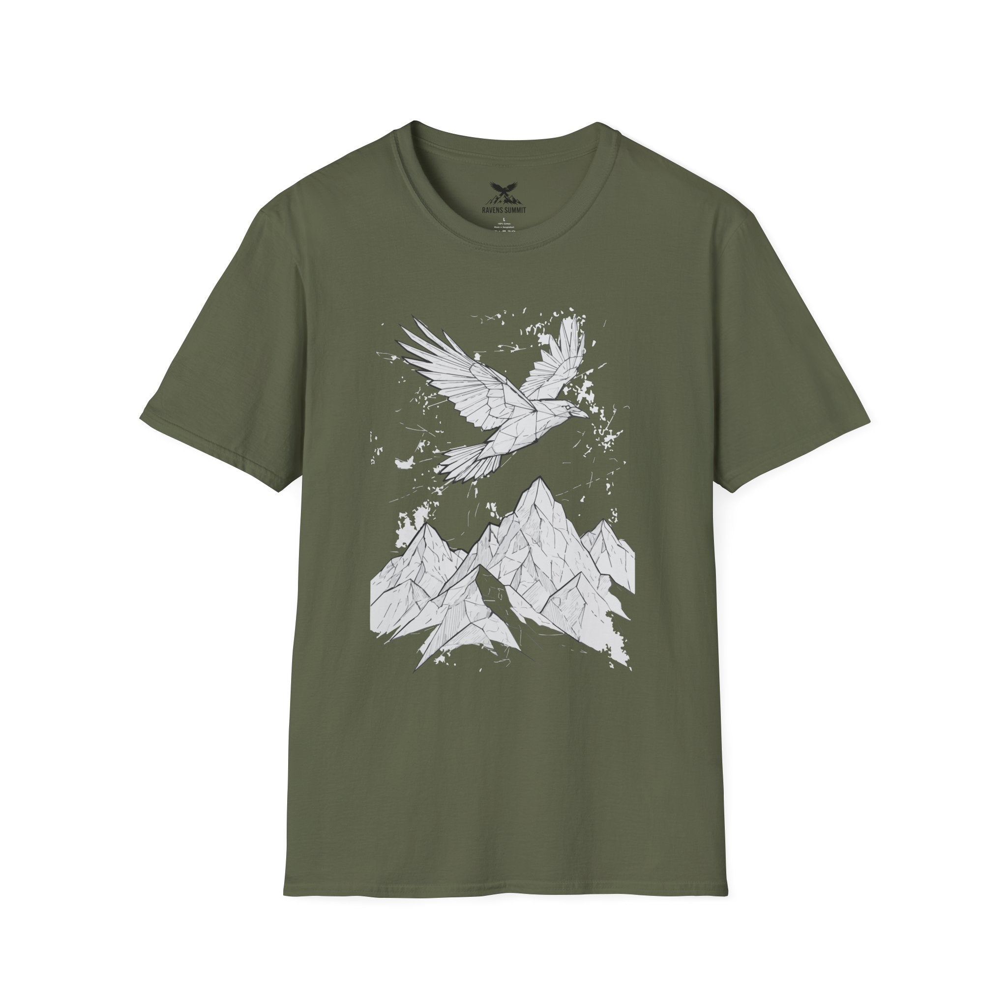 Mountain Raven Tee — Minimal Line Art Bird & Peaks Graphic T-Shirt