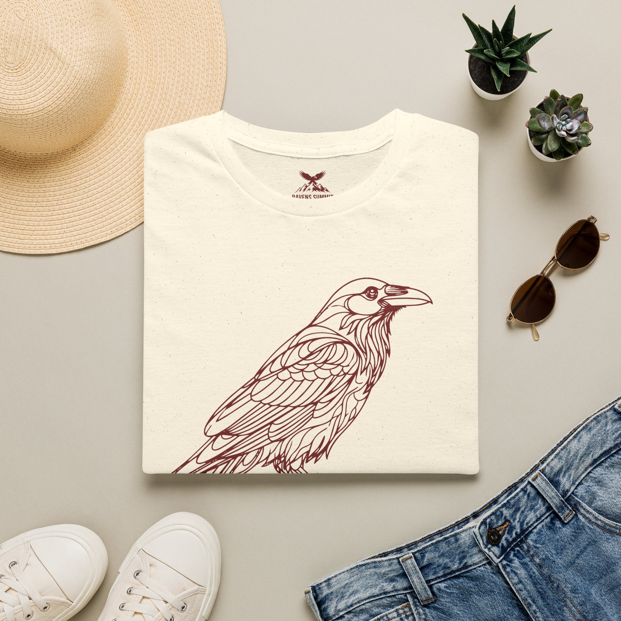 Raven Line Art T‑Shirt — Geometric Mountain Raven Sketch Tee