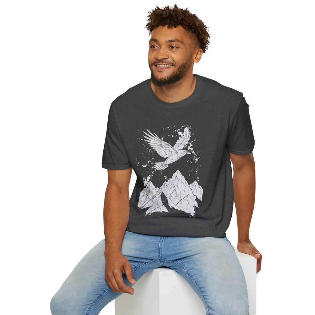 Mountain Raven Tee — Minimal Line Art Bird & Peaks Graphic T-Shirt