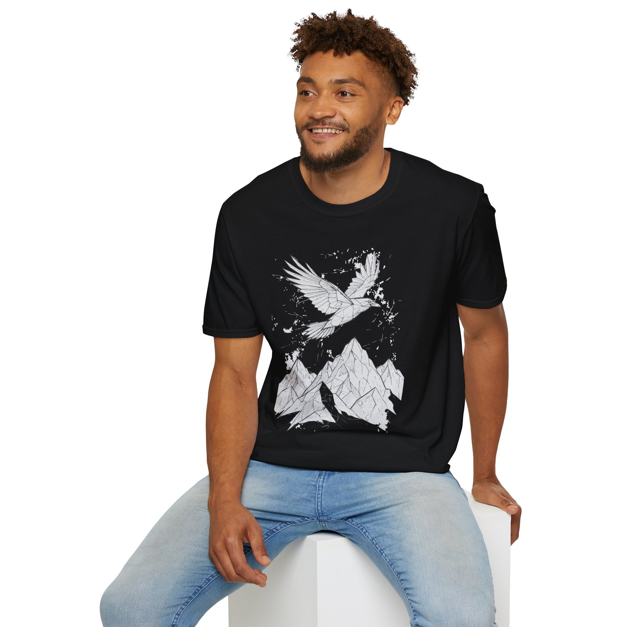 Mountain Raven Tee — Minimal Line Art Bird & Peaks Graphic T-Shirt