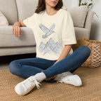Mountain Raven Tee — Minimal Line Art Bird & Peaks Graphic T-Shirt
