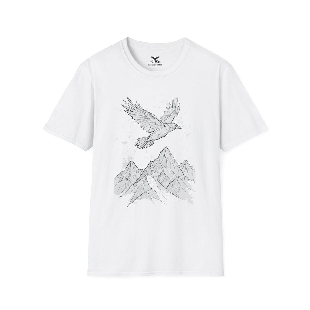 Mountain Raven Tee — Minimal Line Art Bird & Peaks Graphic T-Shirt