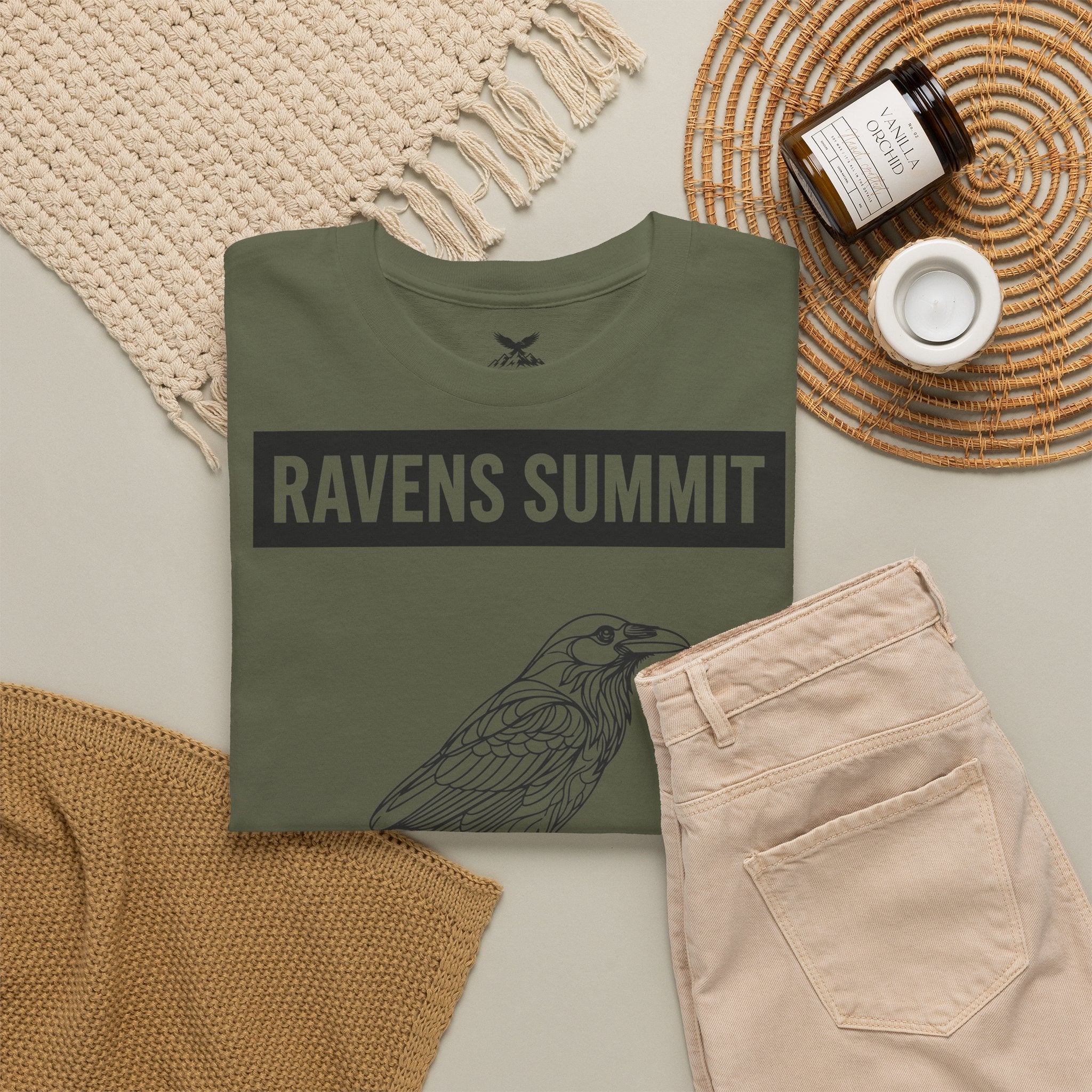 Raven Summit Tee — Minimal Mountain Raven Line Art Graphic T-Shirt