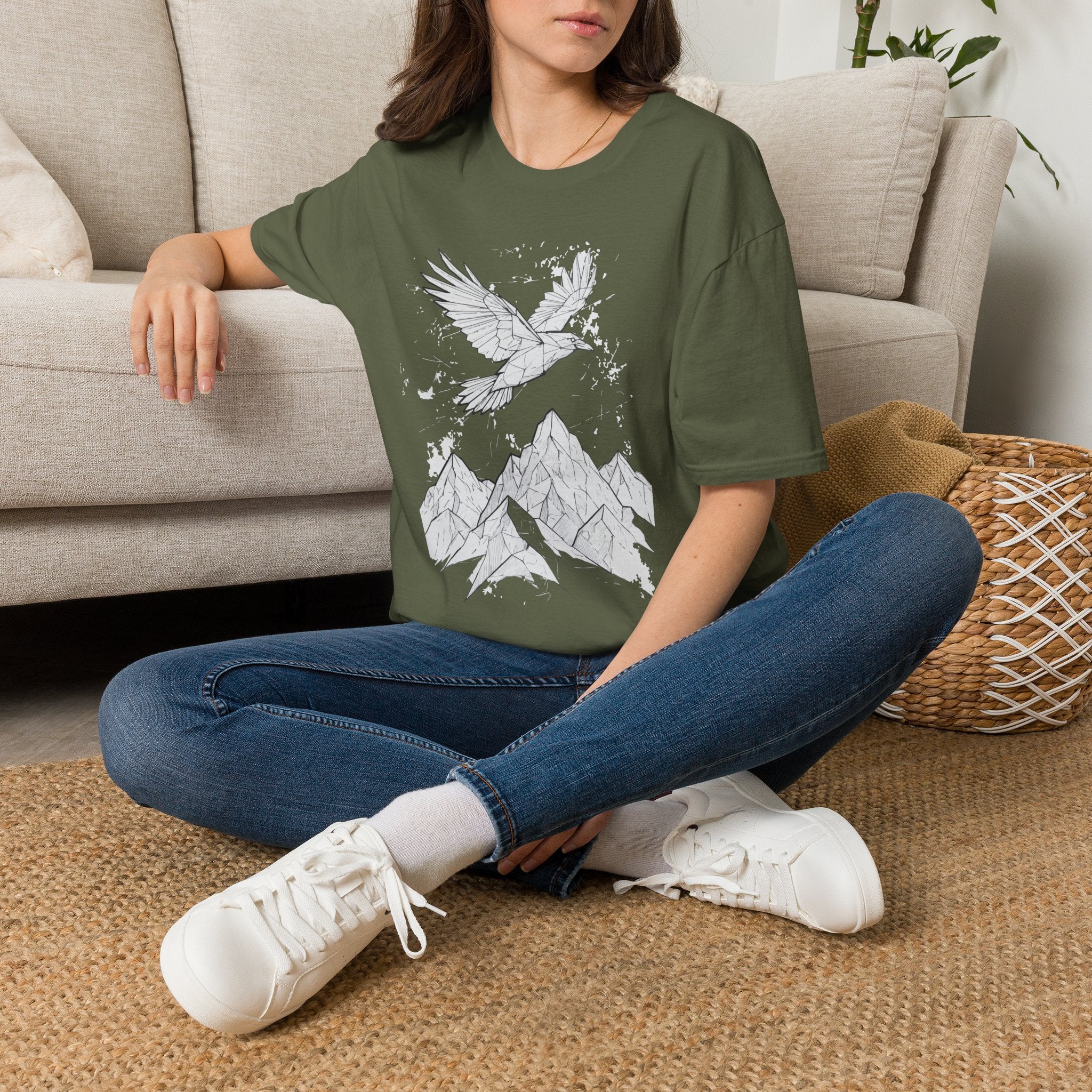 Mountain Raven Tee — Minimal Line Art Bird & Peaks Graphic T-Shirt