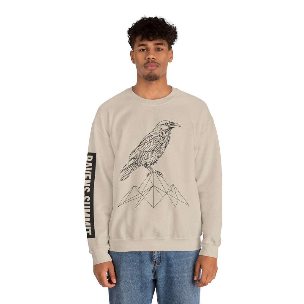 Crewneck Sweatshirt — Geometric Mountain Raven Illustration with 'Ravens Summit' Sleeve