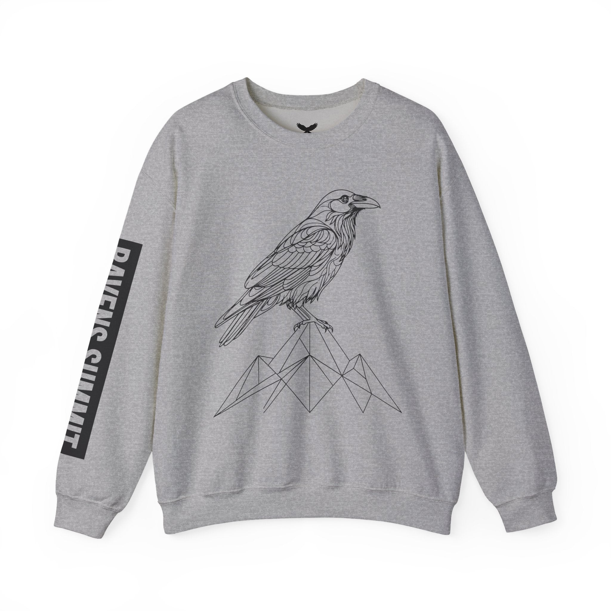 Crewneck Sweatshirt — Geometric Mountain Raven Illustration with 'Ravens Summit' Sleeve