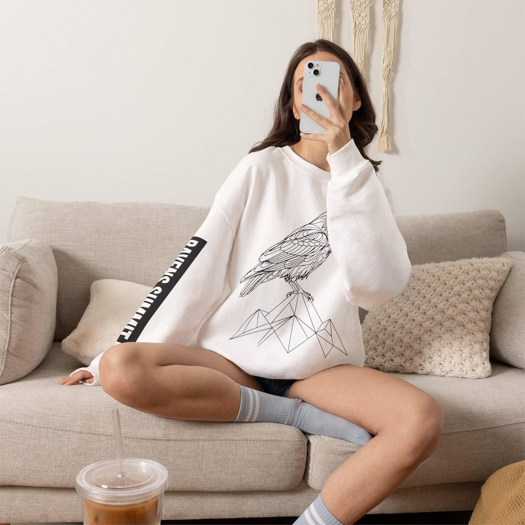 Crewneck Sweatshirt — Geometric Mountain Raven Illustration with 'Ravens Summit' Sleeve