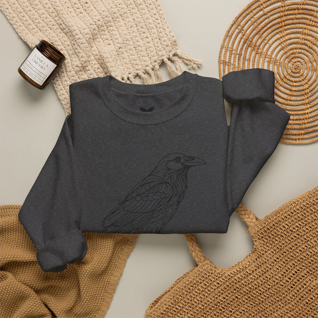 Crewneck Sweatshirt — Geometric Mountain Raven Illustration with 'Ravens Summit' Sleeve