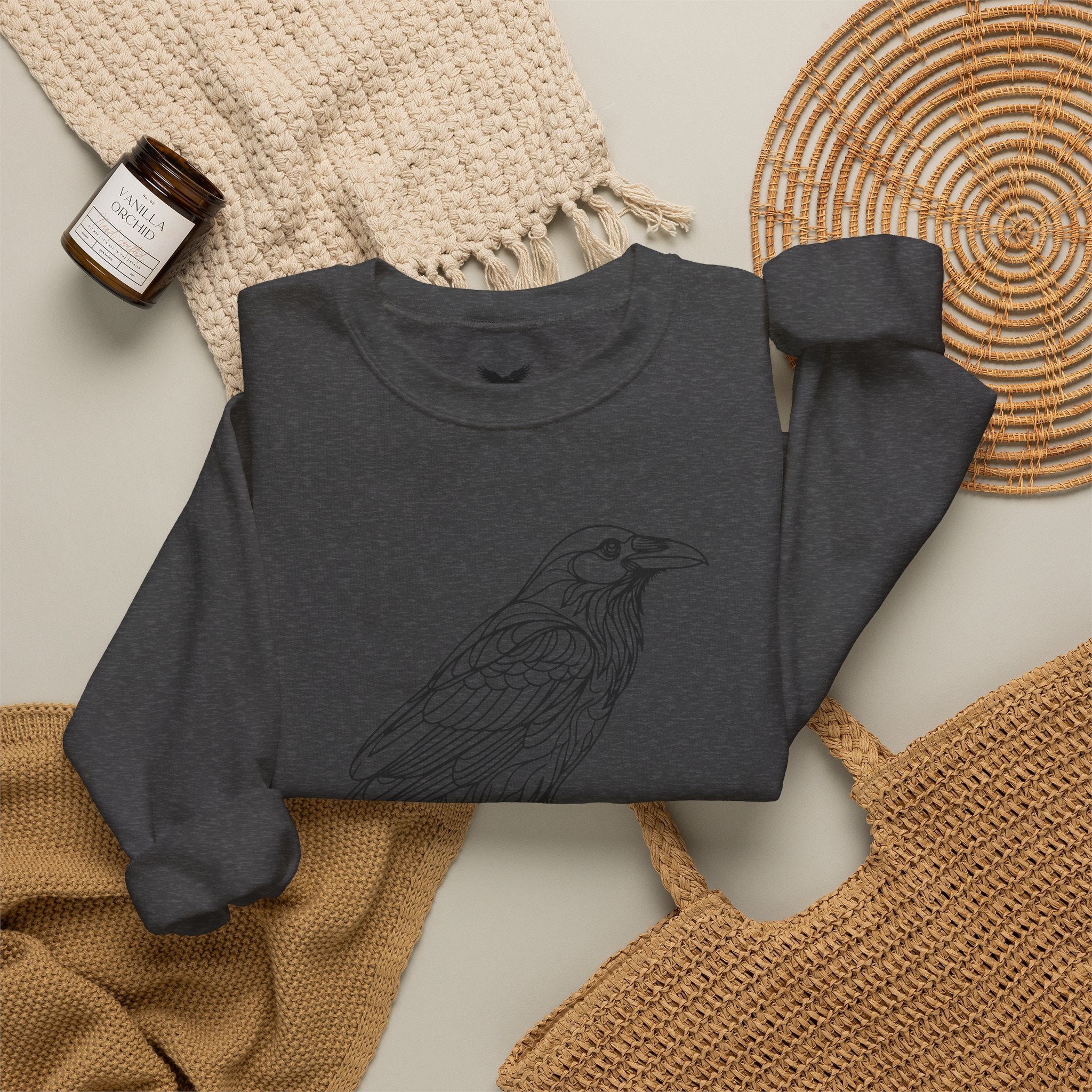 Crewneck Sweatshirt — Geometric Mountain Raven Illustration with 'Ravens Summit' Sleeve