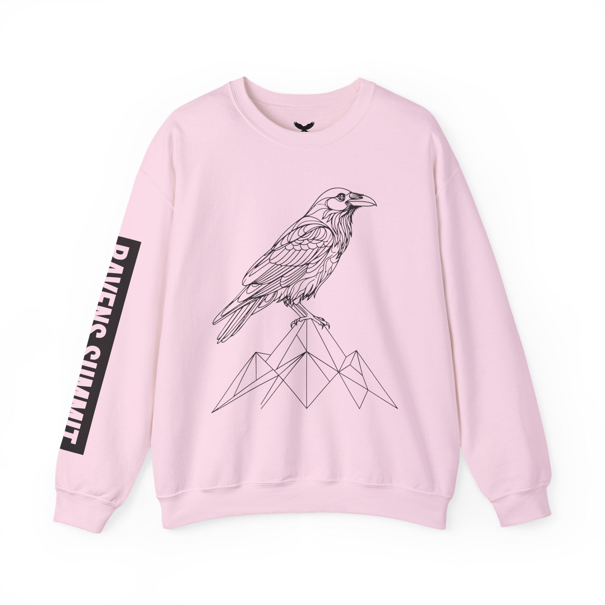 Crewneck Sweatshirt — Geometric Mountain Raven Illustration with 'Ravens Summit' Sleeve
