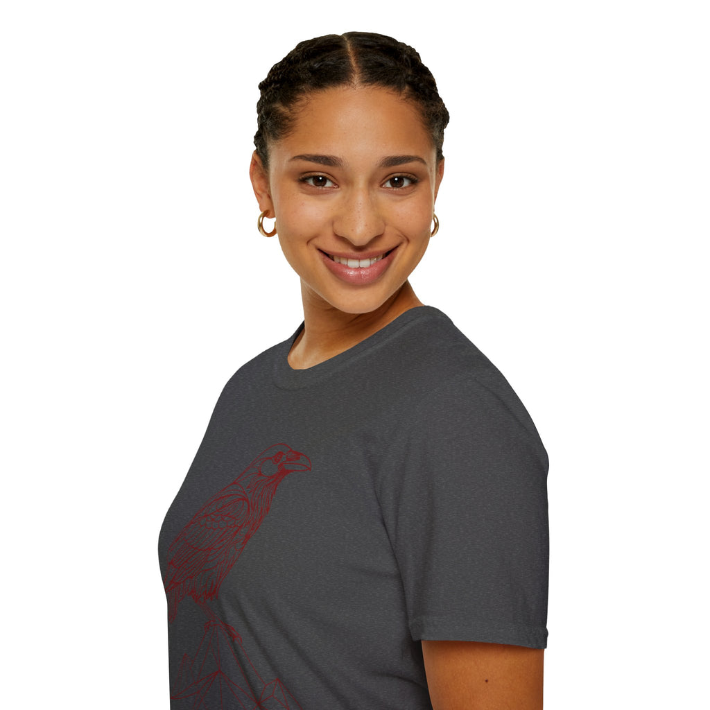 Raven Line Art T‑Shirt — Geometric Mountain Raven Sketch Tee