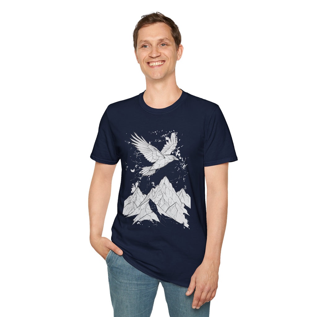 Mountain Raven Tee — Minimal Line Art Bird & Peaks Graphic T-Shirt