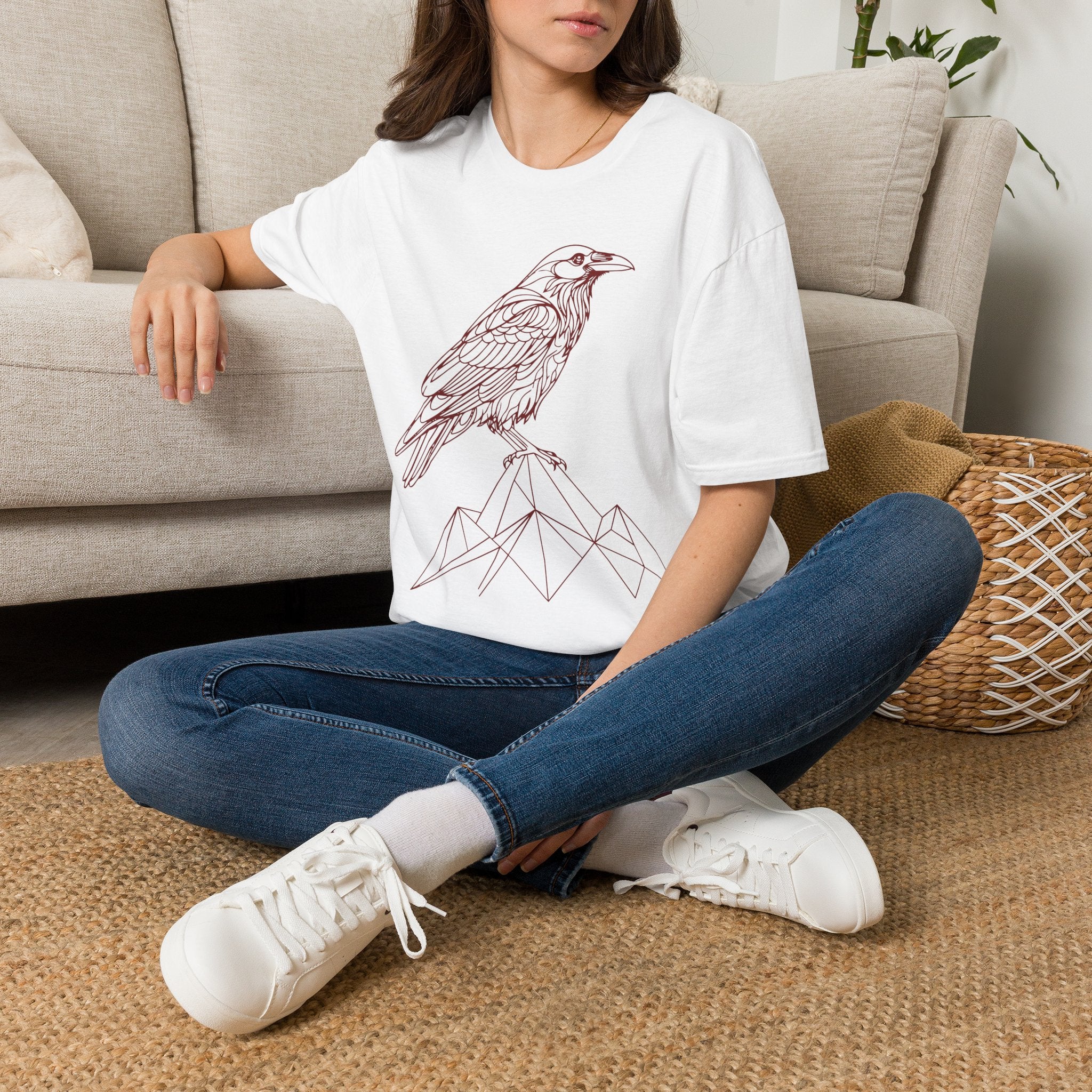 Raven Line Art T‑Shirt — Geometric Mountain Raven Sketch Tee