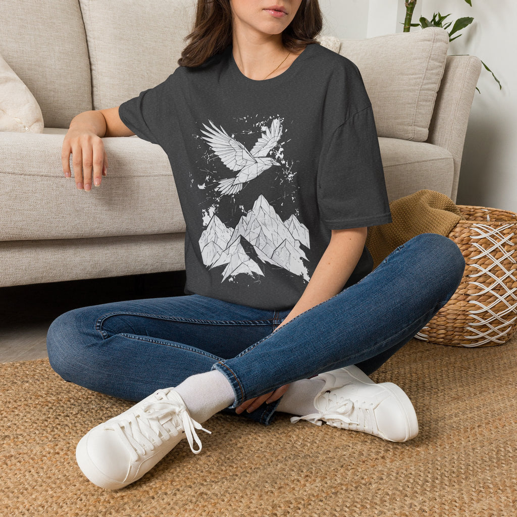 Mountain Raven Tee — Minimal Line Art Bird & Peaks Graphic T-Shirt