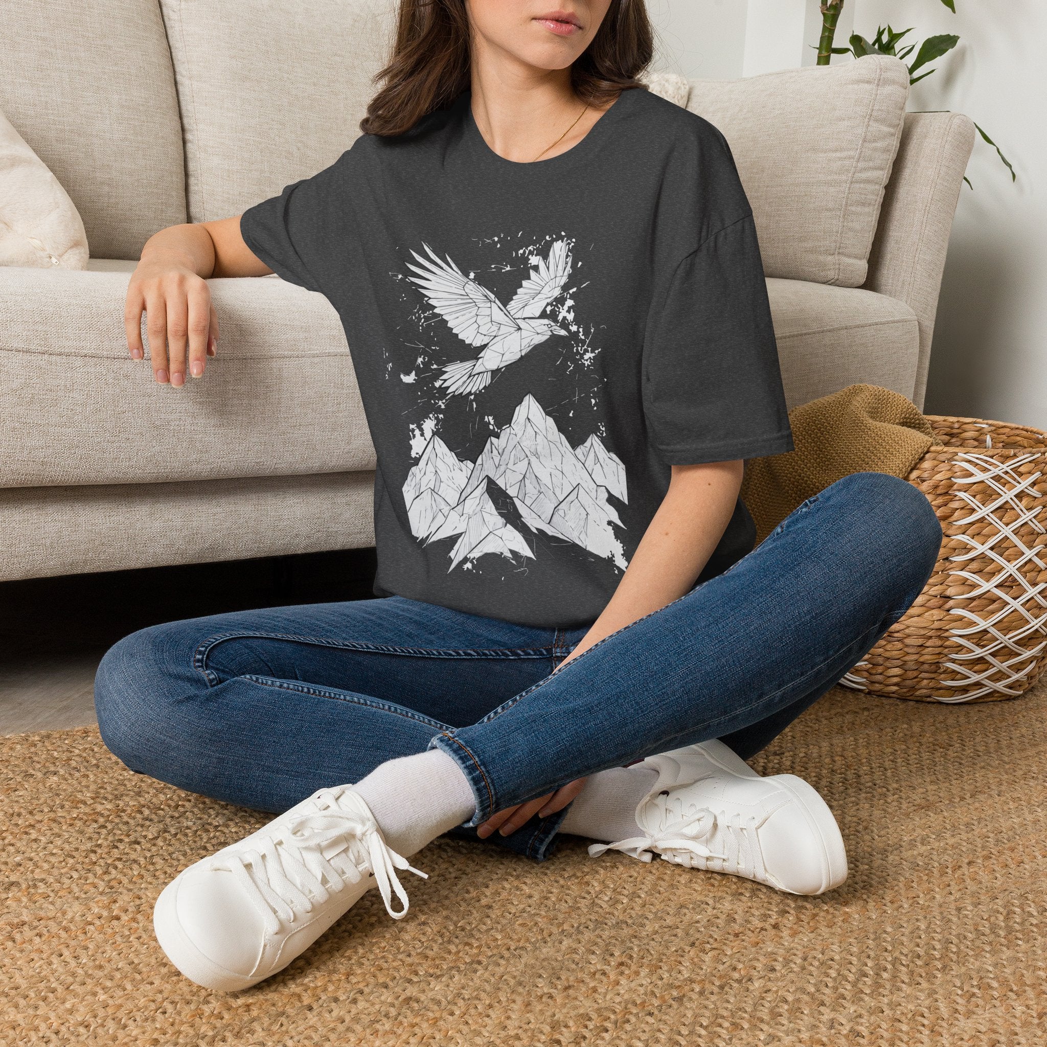 Mountain Raven Tee — Minimal Line Art Bird & Peaks Graphic T-Shirt