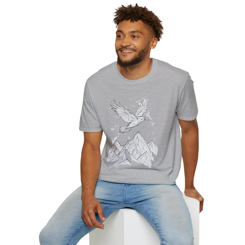 Mountain Raven Tee — Minimal Line Art Bird & Peaks Graphic T-Shirt