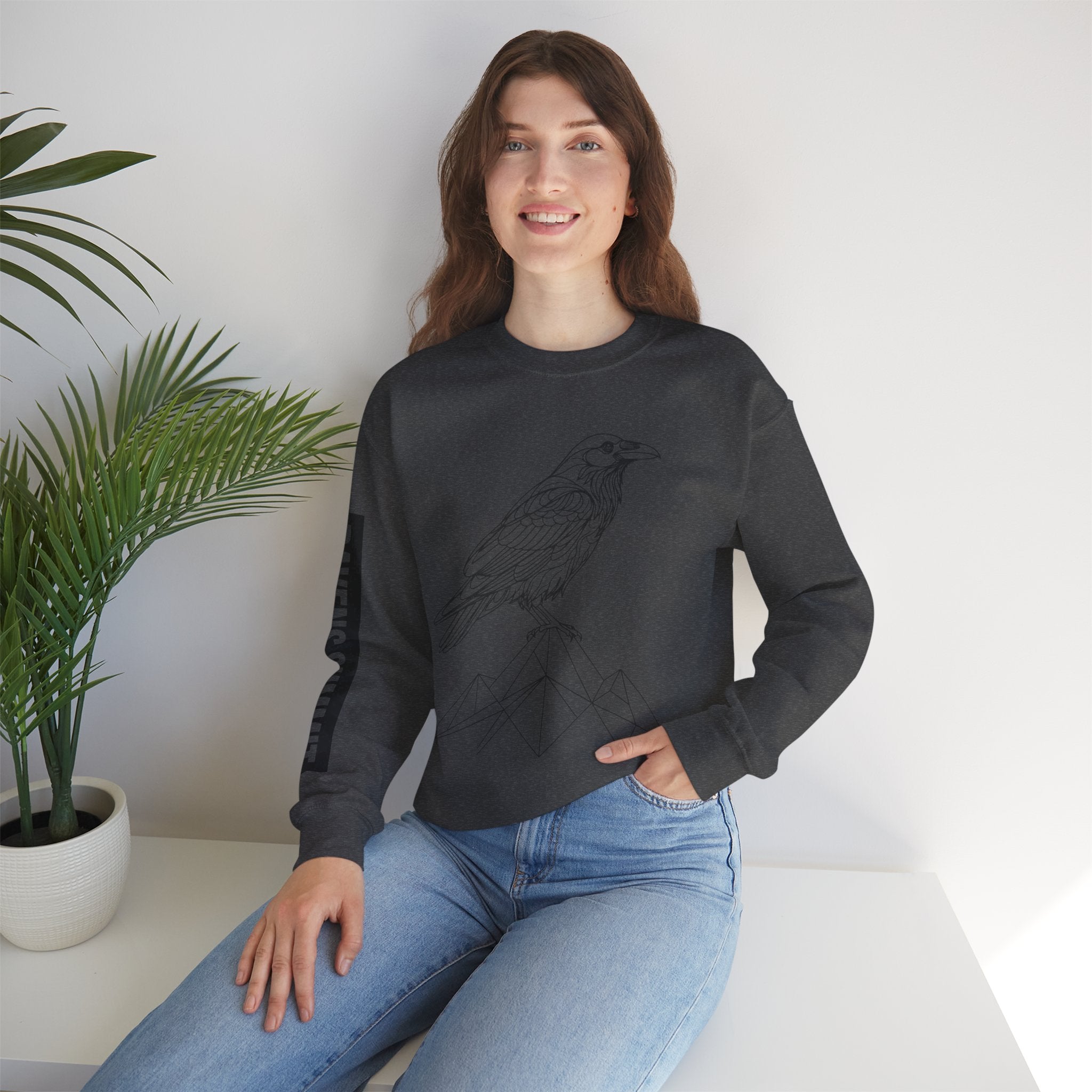 Crewneck Sweatshirt — Geometric Mountain Raven Illustration with 'Ravens Summit' Sleeve