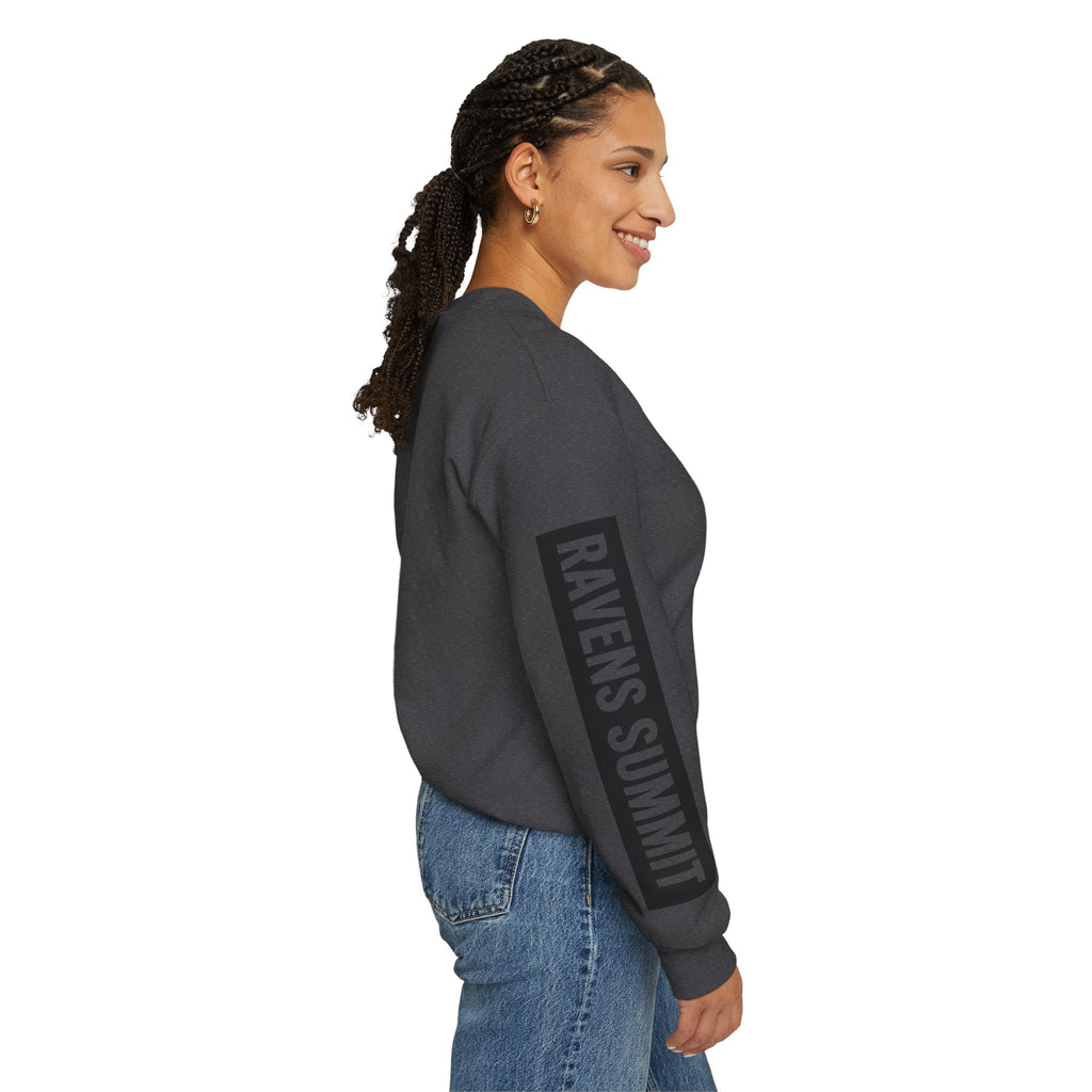Crewneck Sweatshirt — Geometric Mountain Raven Illustration with 'Ravens Summit' Sleeve