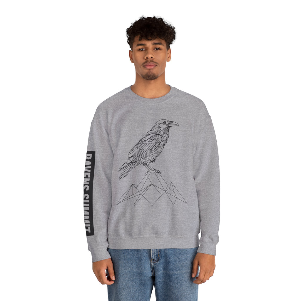 Crewneck Sweatshirt — Geometric Mountain Raven Illustration with 'Ravens Summit' Sleeve