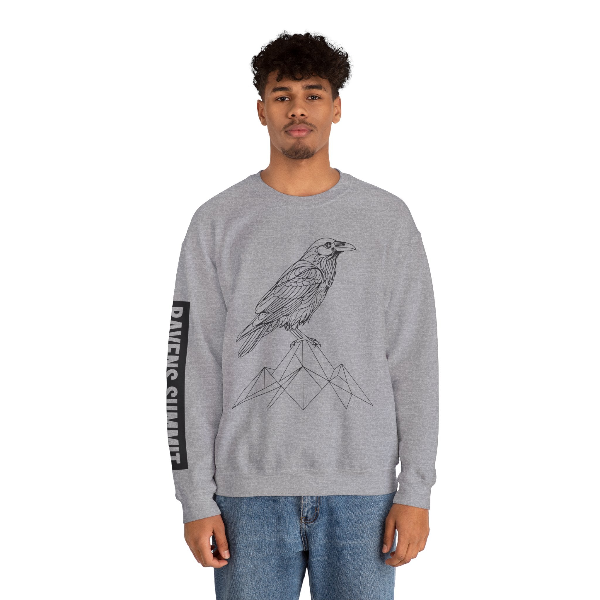 Crewneck Sweatshirt — Geometric Mountain Raven Illustration with 'Ravens Summit' Sleeve