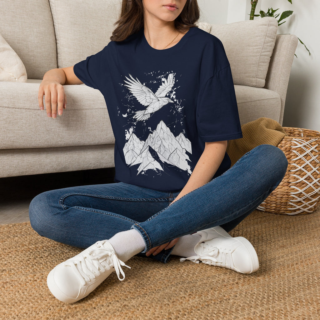 Mountain Raven Tee — Minimal Line Art Bird & Peaks Graphic T-Shirt