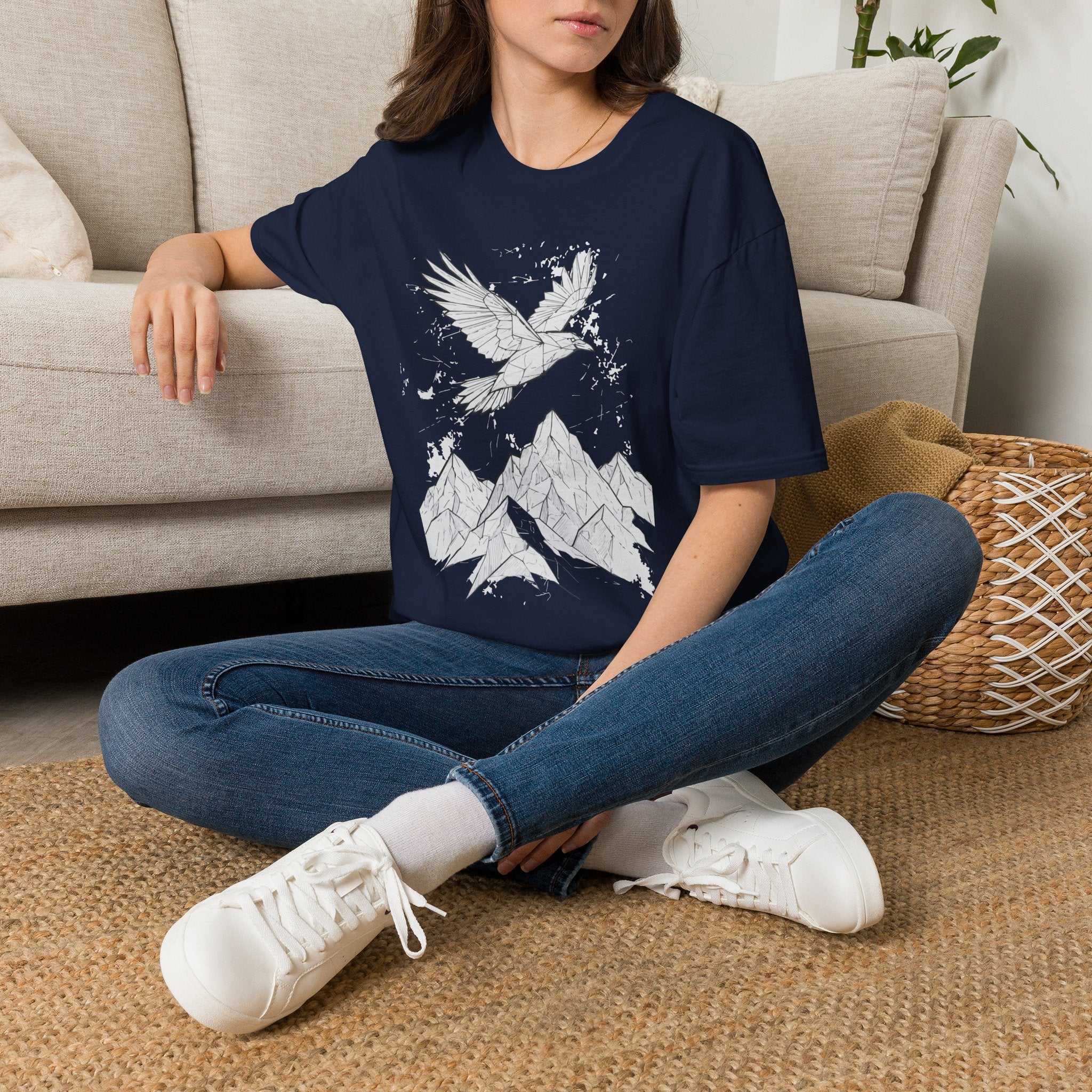 Mountain Raven Tee — Minimal Line Art Bird & Peaks Graphic T-Shirt