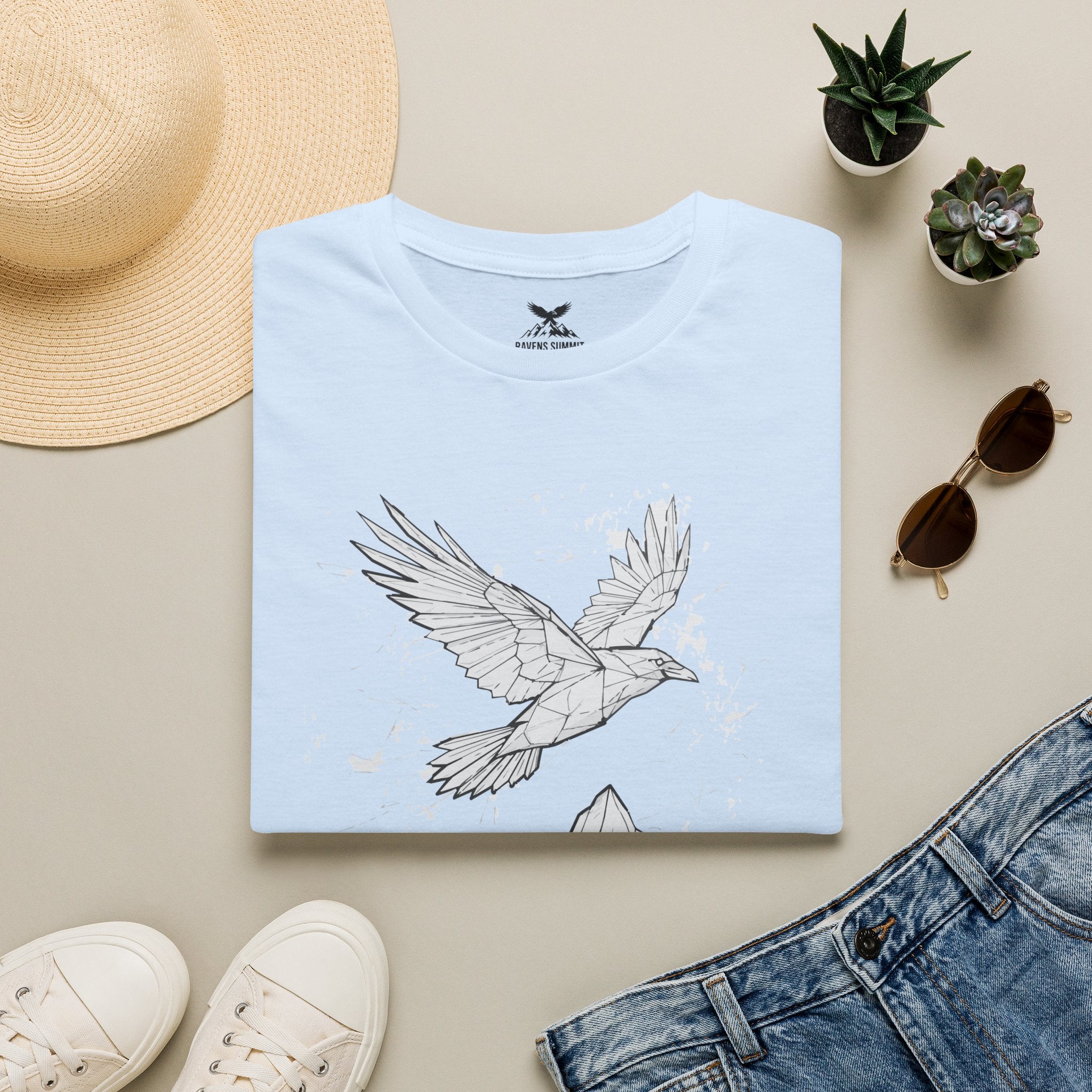 Mountain Raven Tee — Minimal Line Art Bird & Peaks Graphic T-Shirt