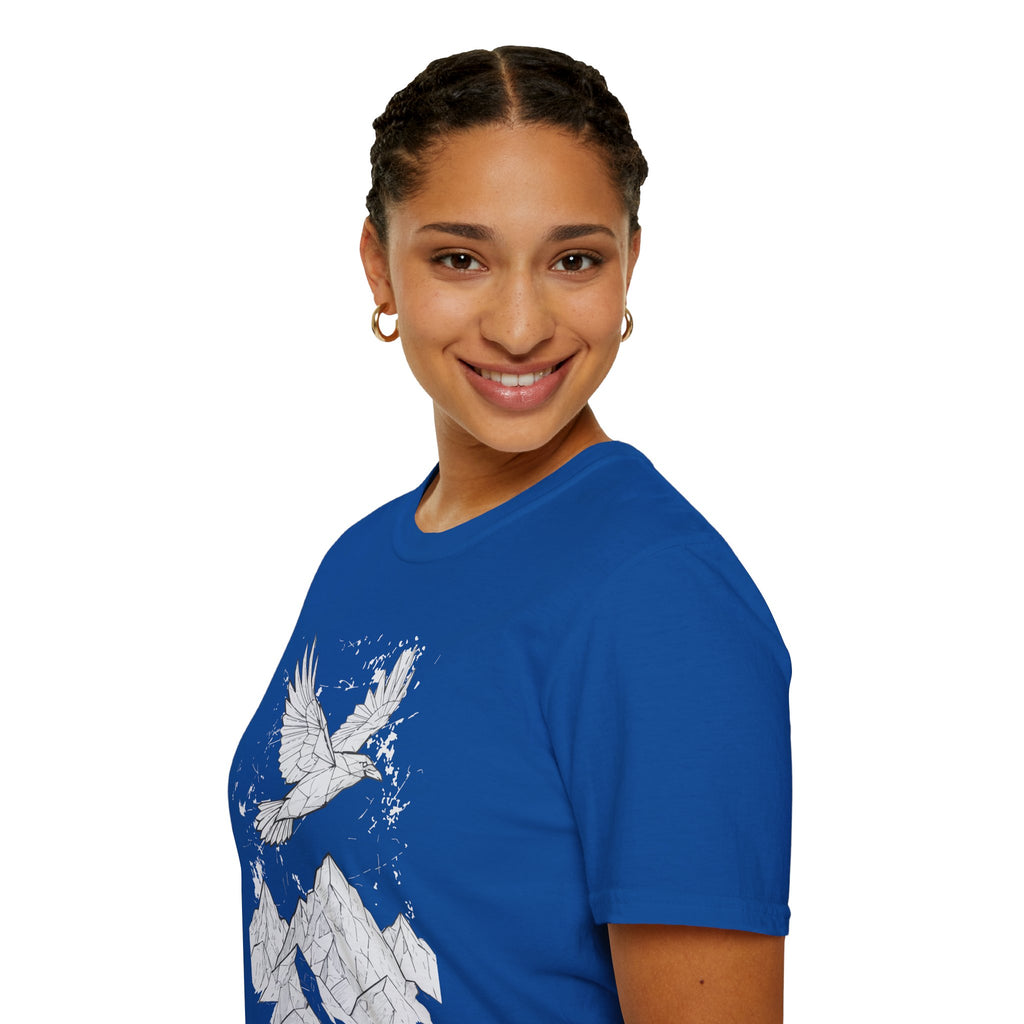 Mountain Raven Tee — Minimal Line Art Bird & Peaks Graphic T-Shirt