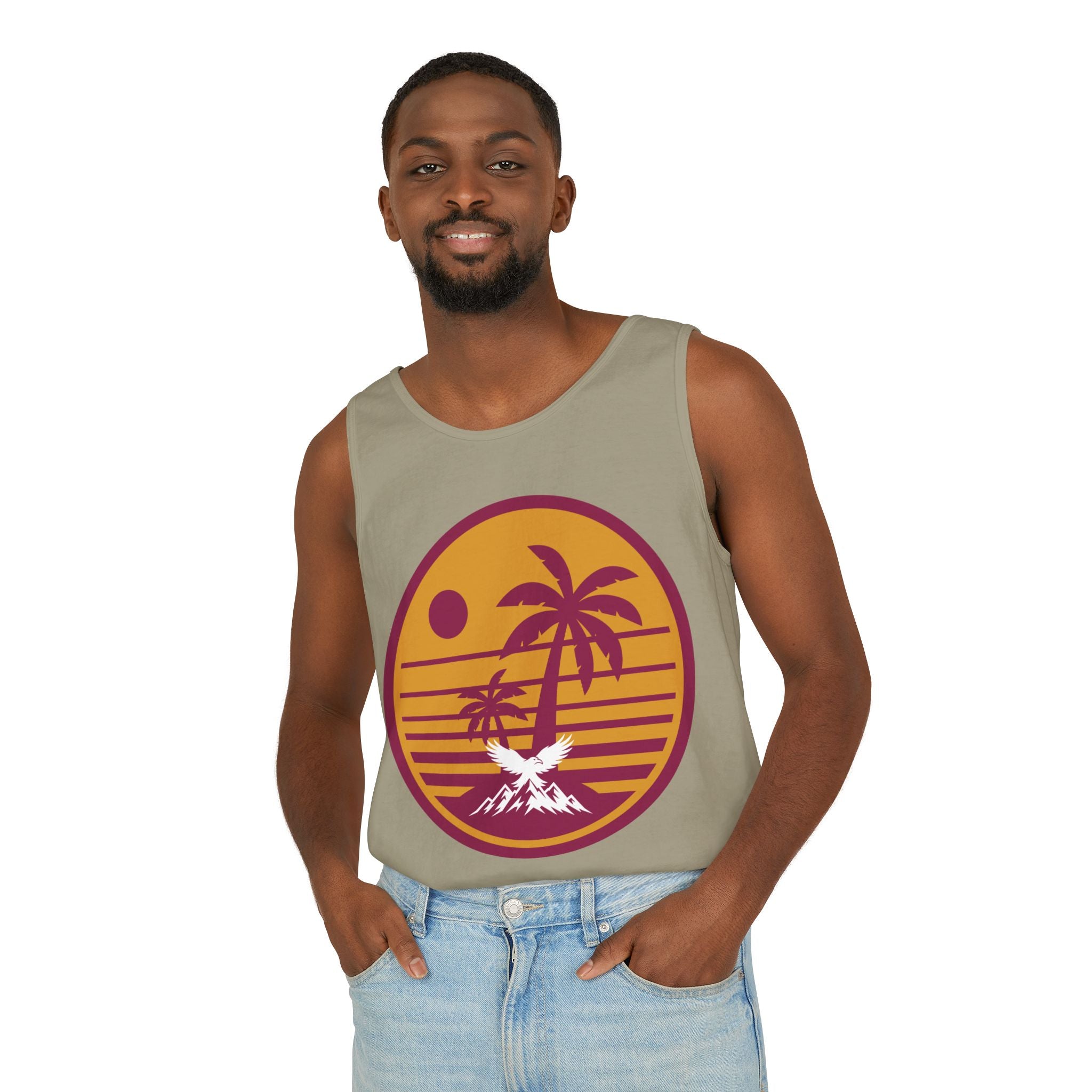 Ravens Summit Sunset Palm Tank Top  — Retro Beach Vibes Graphic Tank