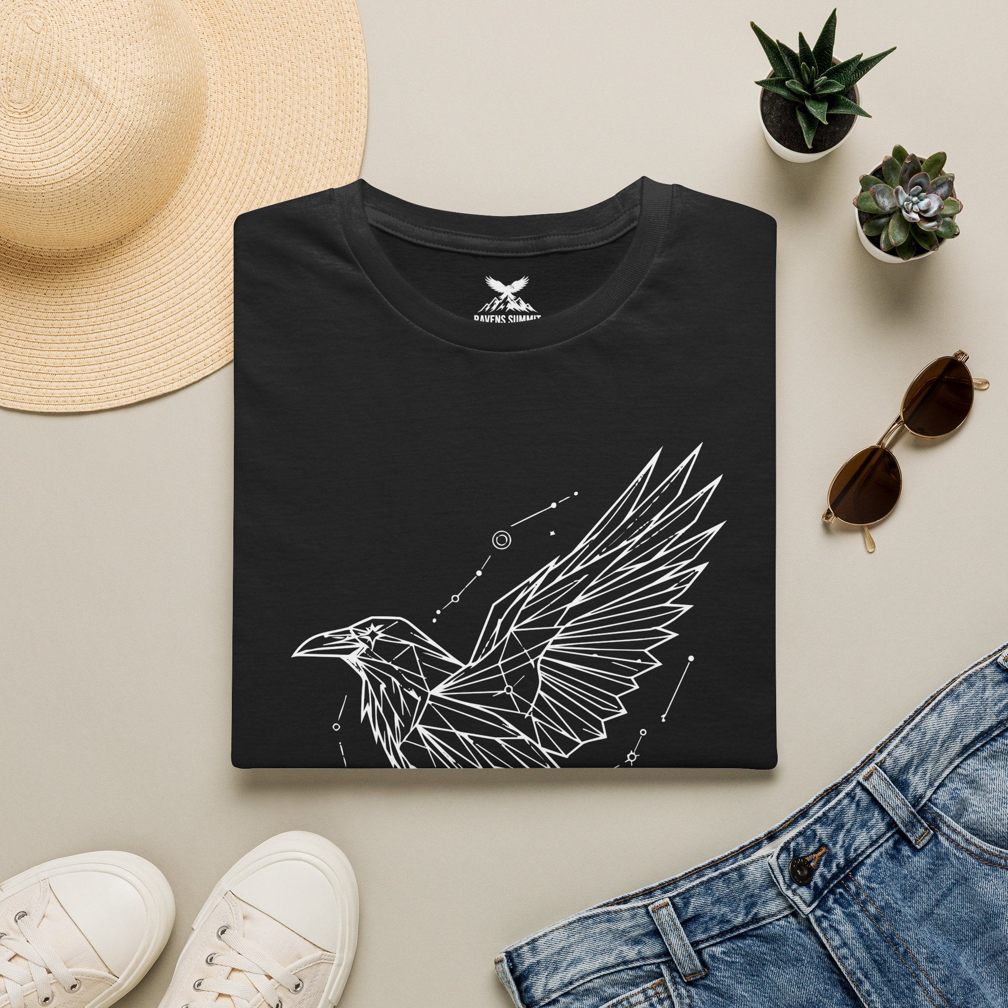 Geometric Raven Tee — Minimal Line Art Constellation T Shirt