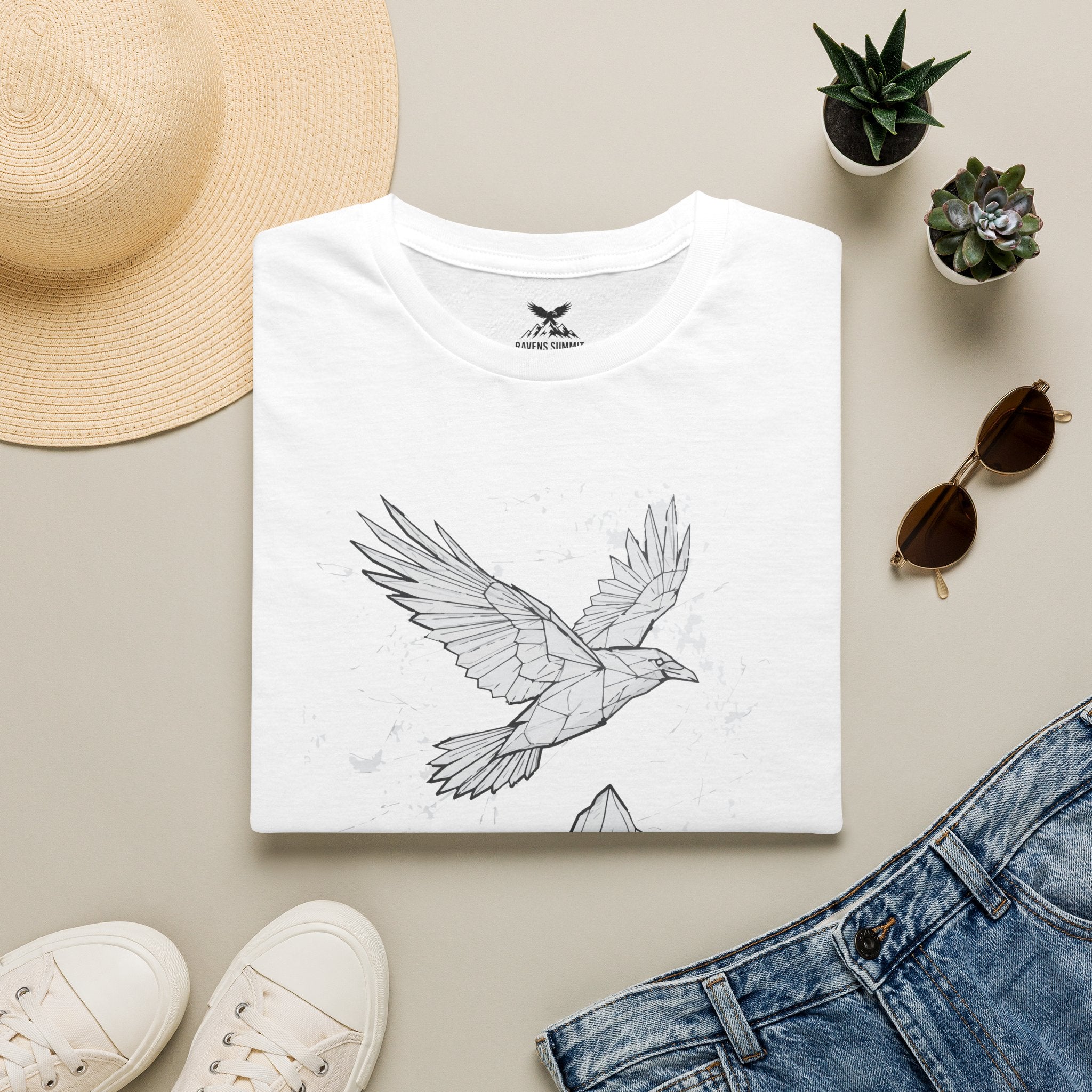 Mountain Raven Tee — Minimal Line Art Bird & Peaks Graphic T-Shirt