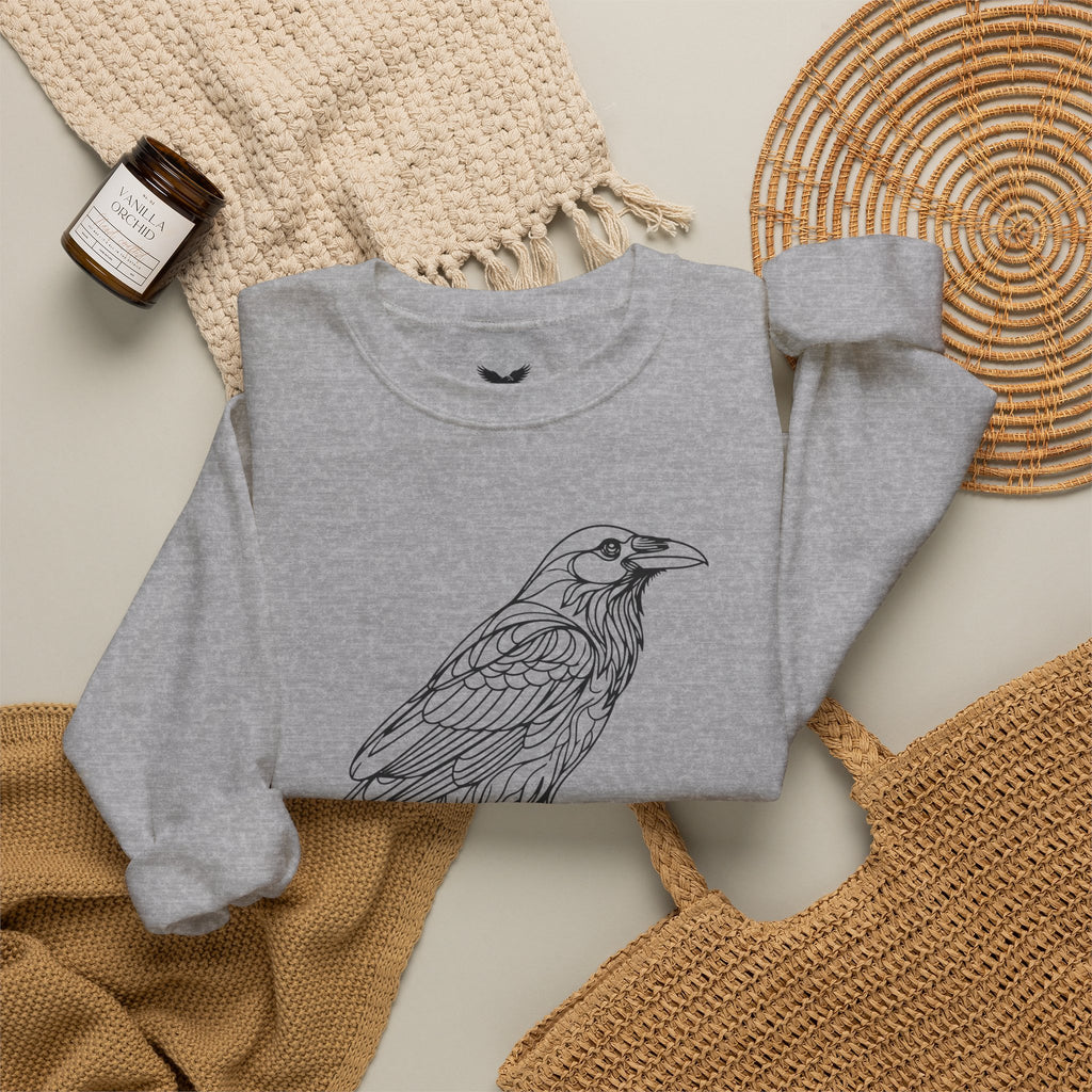 Crewneck Sweatshirt — Geometric Mountain Raven Illustration with 'Ravens Summit' Sleeve