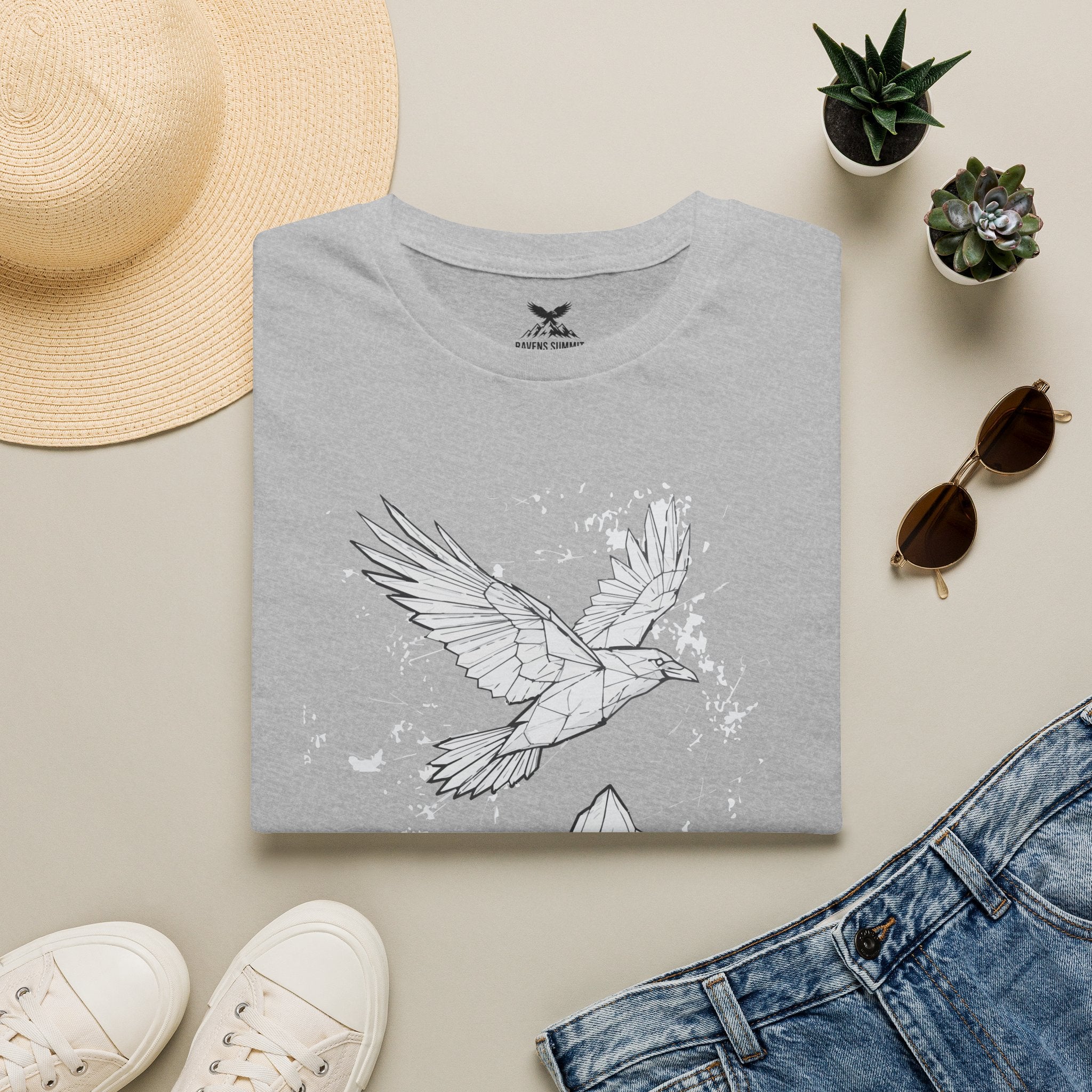 Mountain Raven Tee — Minimal Line Art Bird & Peaks Graphic T-Shirt
